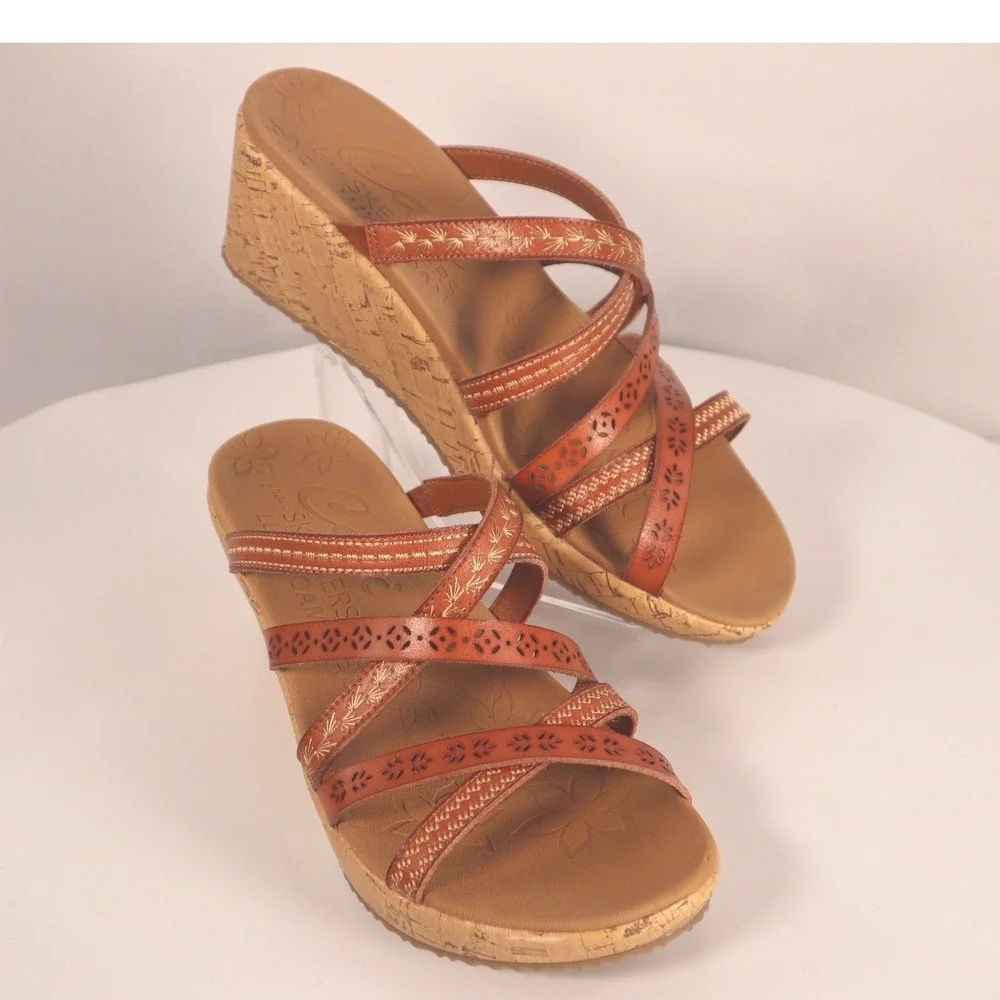 Skechers Cali Luxe Foam Wedge Sandals leather tangerine Size 7.5
